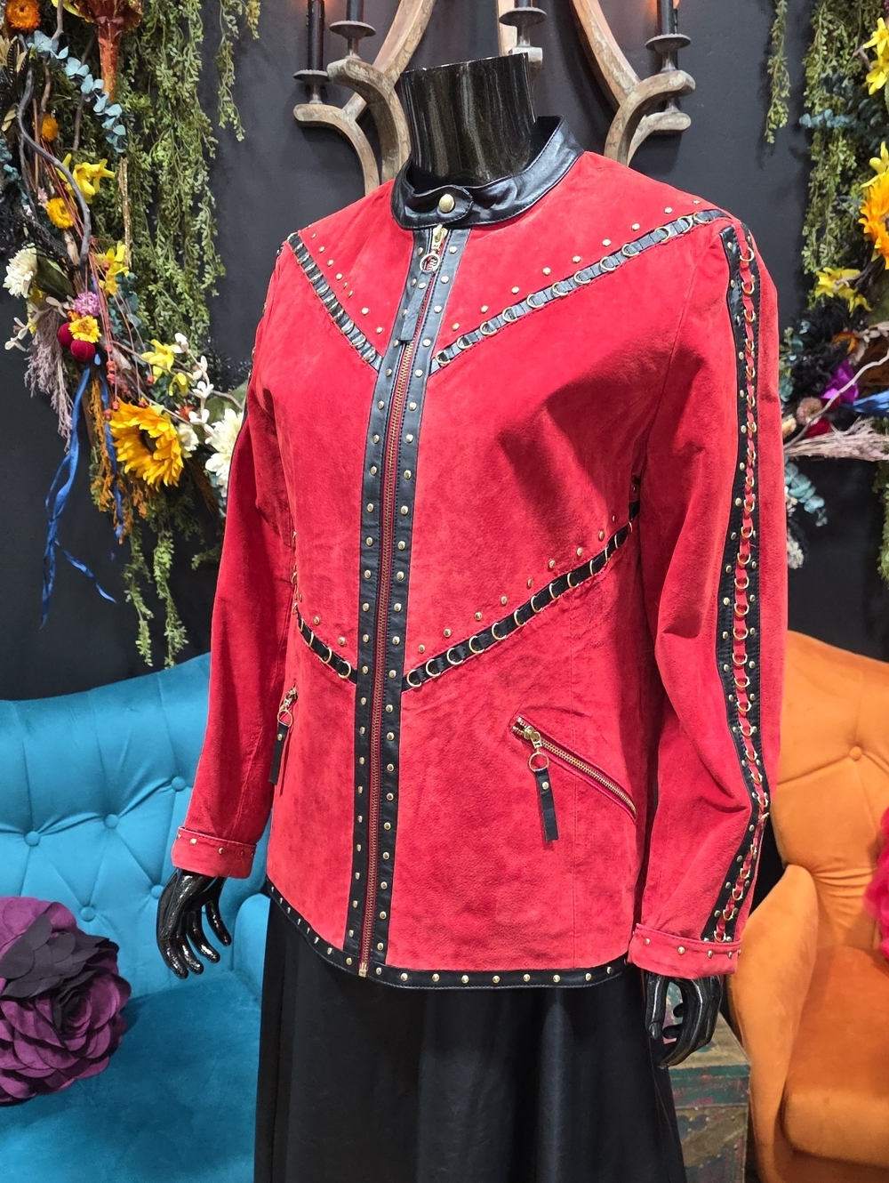 Linea by Louis Dell'Olio Red Suede Jacket w/ Black Leather Trim & Metal Detail